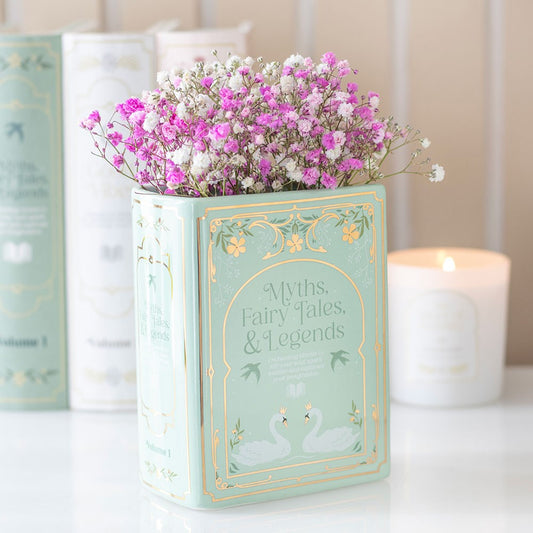 Vase im Buchdesign „Myths, Fairy Tales & Legends“ · Mintgrüne Keramik mit Goldprint