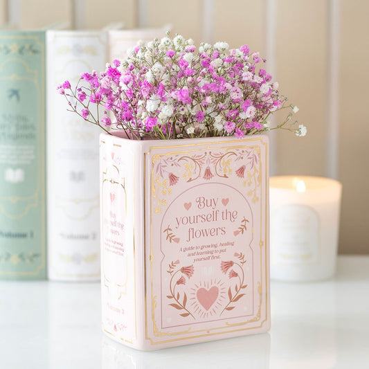 Vase im Buchdesign „Buy Yourself the Flowers“ · Rosa Keramik mit Goldprint