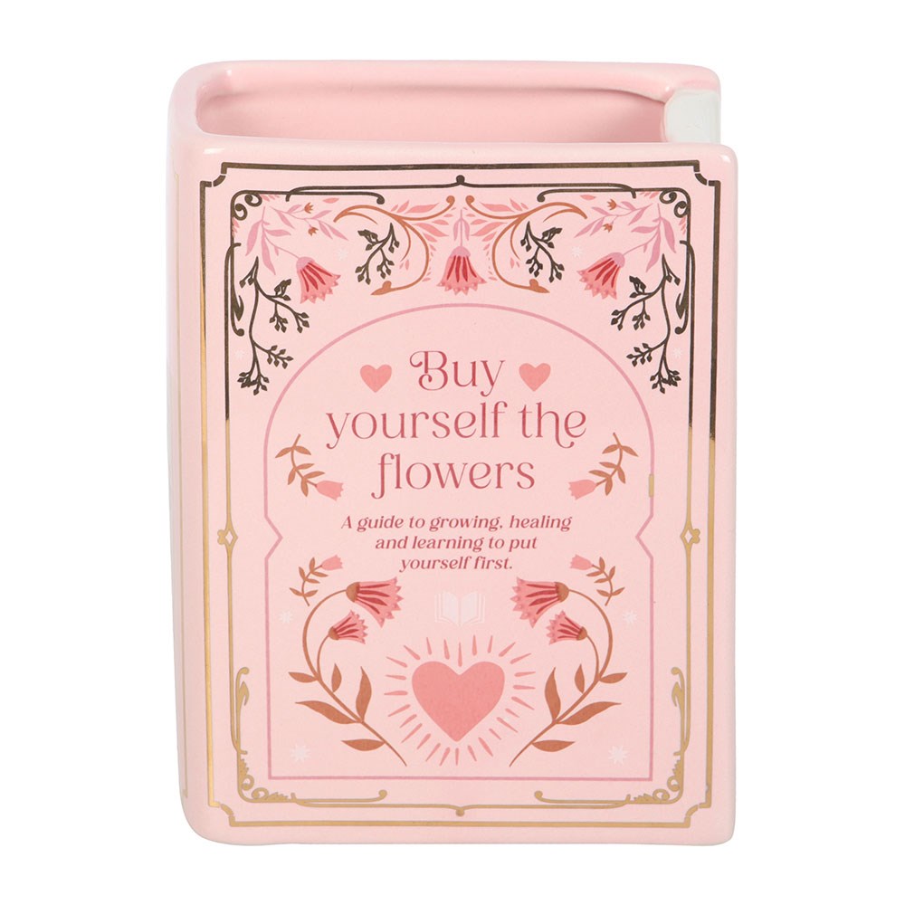 Vase im Buchdesign „Buy Yourself the Flowers“ · Rosa Keramik mit Goldprint