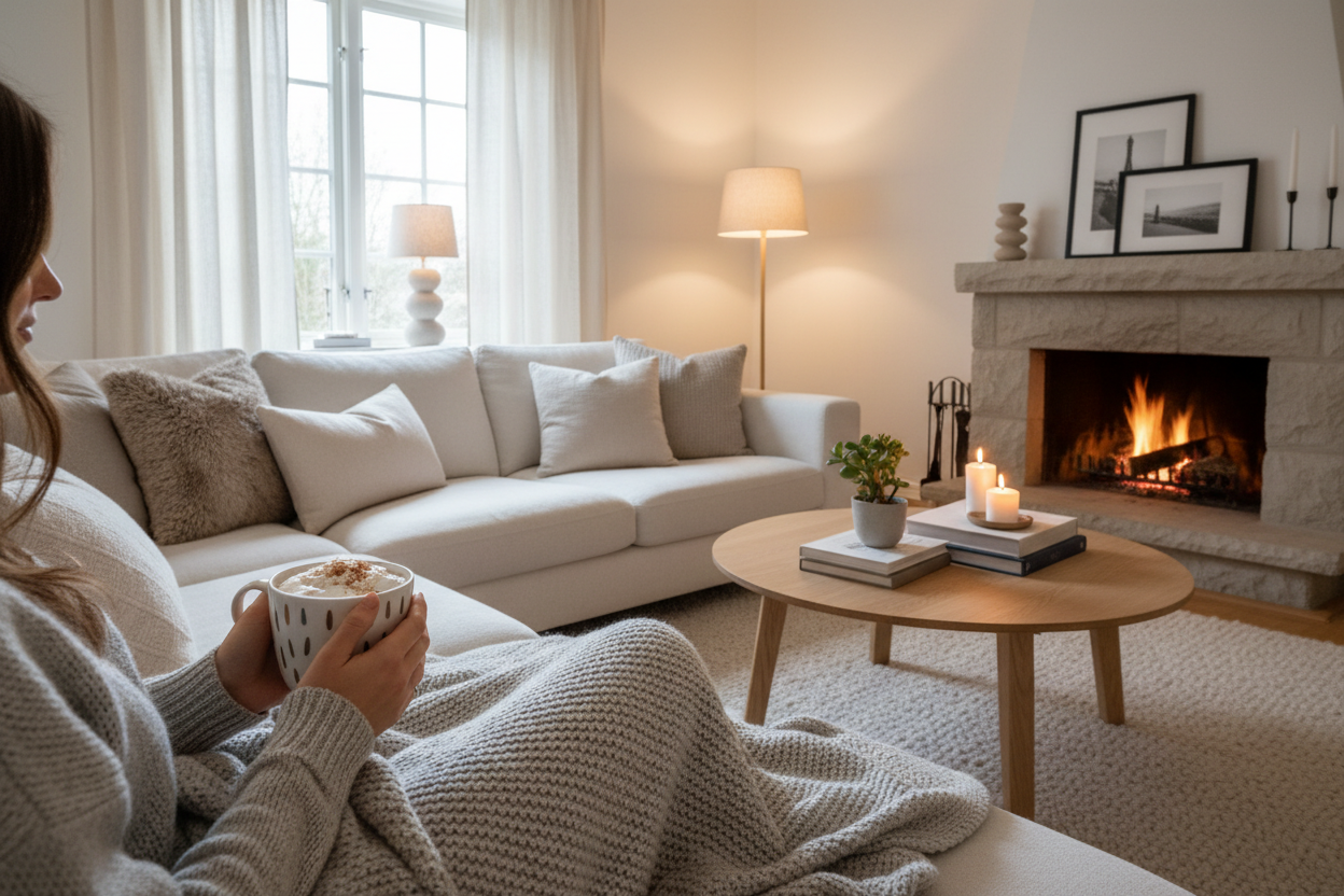 Eine gemütliches Wohnzimmer auf der Couch mit einem Kakao in der Hand